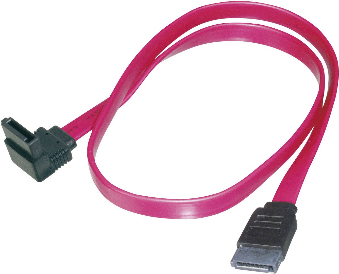 Červený SATA kabel s lomením a přímým konektorem, používaný k připojení pevných disků k základní desce počítače.