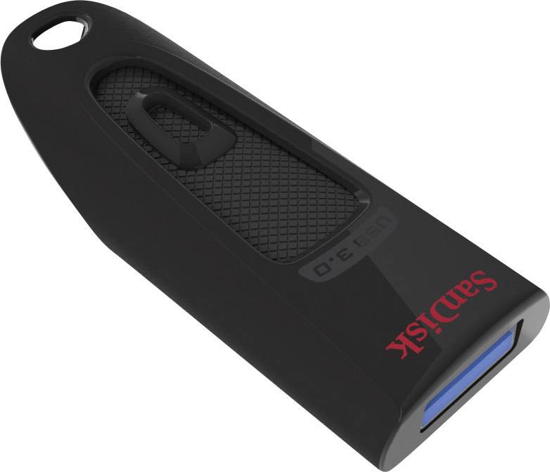 Černý USB flash disk značky SanDisk s modrou připojovací plochou a vytištěným logem.