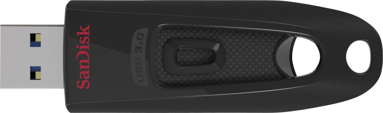 Černý USB flash disk značky SanDisk s rozhraním USB 3.0, zvýrazněné firemní logo v červené barvě na horní straně.