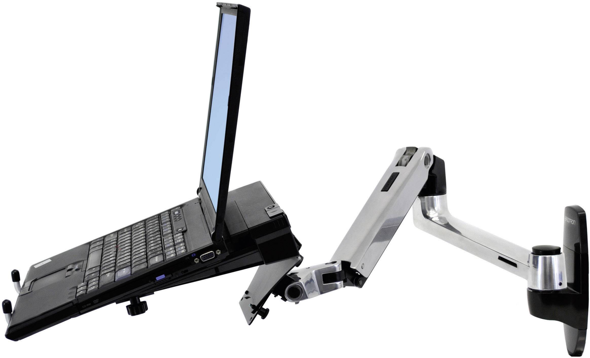 Notebook upevněné na pohyblivém kloubovém rameni umožňuje flexibilní polohování obrazovky. Ideální pro ergonomická pracoviště.