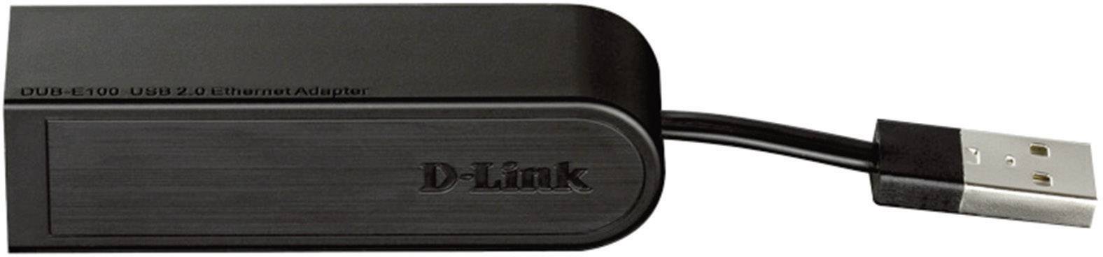 D-Link USB 2.0 ethernetový adaptér, obdélníkový a černý, s USB kabelem a konektorem, vhodný pro síťová připojení.