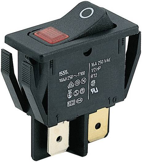 Černý kolébkový spínač s červeným svítícím přepínačem pro elektrické přístroje. Opatřen technickými specifikacemi.