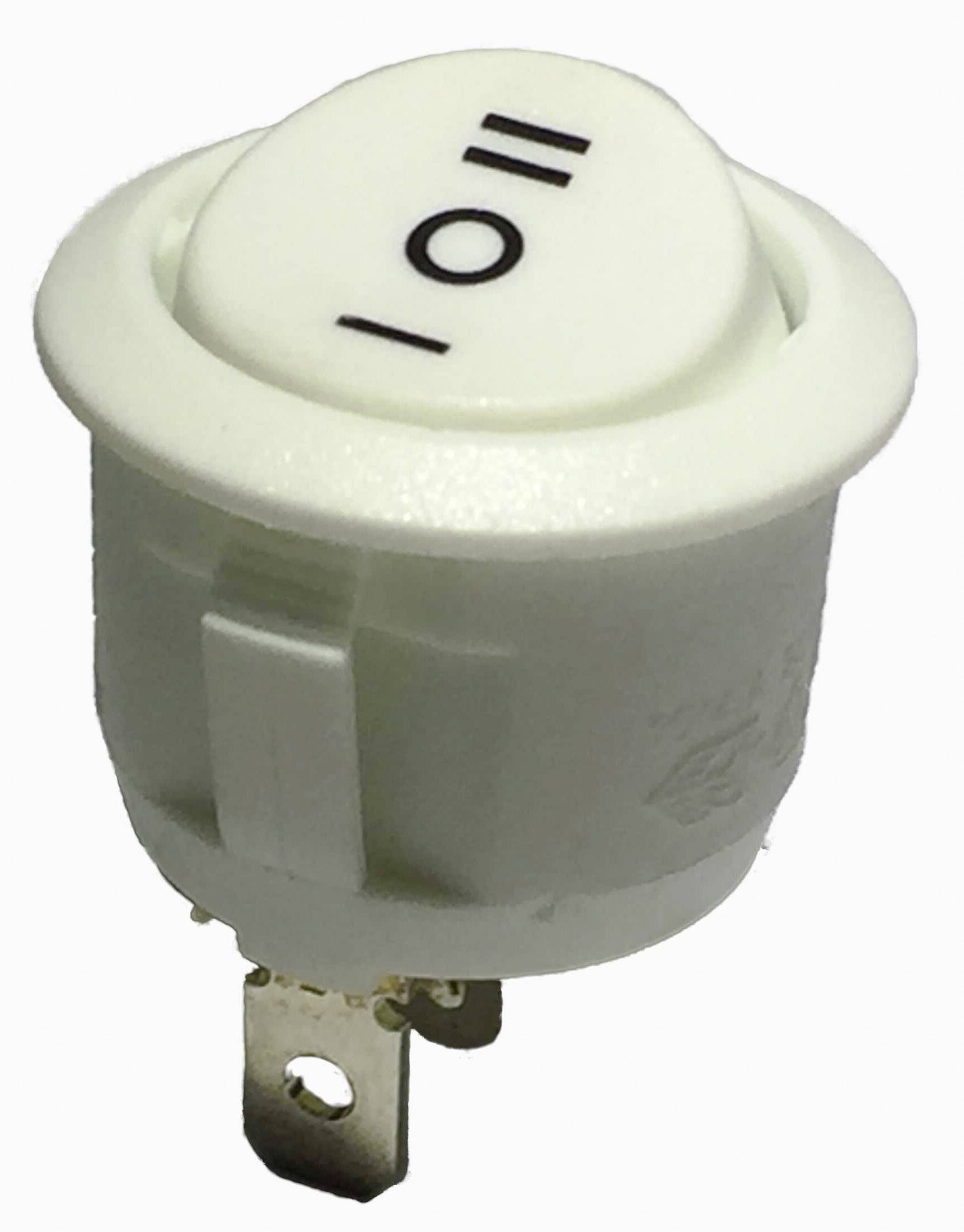 Bílý výklopný spínač s symboly 'I' pro zapnuto a 'O' pro vypnuto na povrchu, používaný k ovládání elektrického proudu.