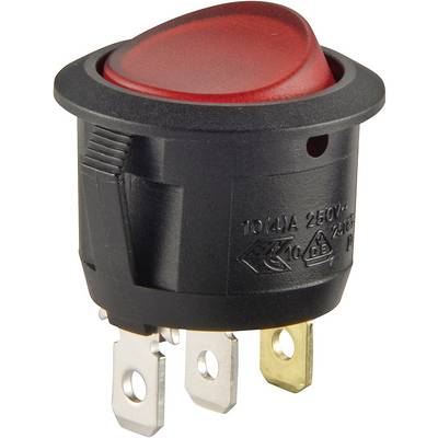 Červený kolébkový spínač zapnuto/vypnuto se třemi kovovými kontakty. Vhodný pro 250V a 10A. Často používaný v elektronických zařízeních.