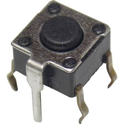 Malý černý spínač (mikrospínač) se čtyřmi kovovými nožkami pro použití v elektronických obvodech.