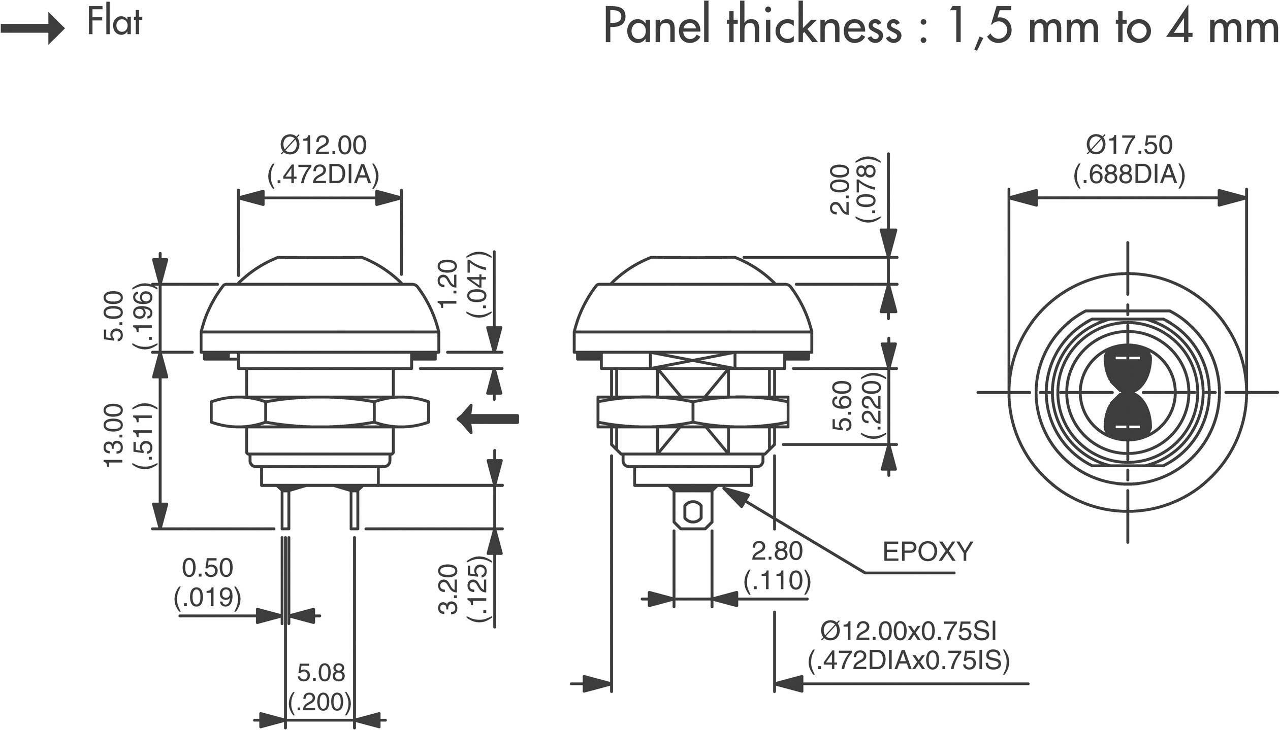 Technický výkres knoflíku: Podrobné rozměry, tloušťka panelu 1,5 mm až 4 mm, označení EPOXY. Pohled shora a boční pohled.