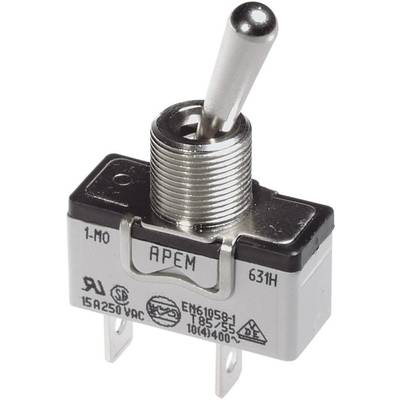 Kovový páčkový spínač značky 'APEM', model '631H', vhodný pro 15A 250VAC, umístěný na bílém pozadí.