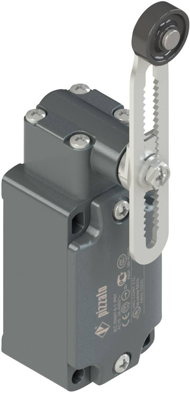 Šedý, obdélníkový spínač s pákou a ozubeným kolečkem, používaný pro průmyslové řízení. Obsahuje firemní značku a certifikace.