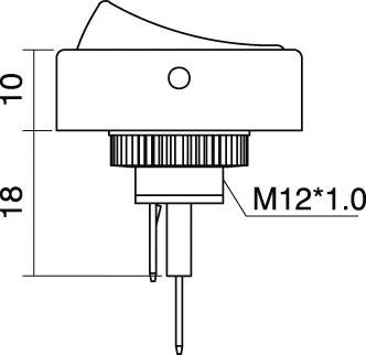 Technický výkres spínače s rozměry: 10 cm výška, 18 cm šířka. Přípoj je označen 'M12*1.0'.