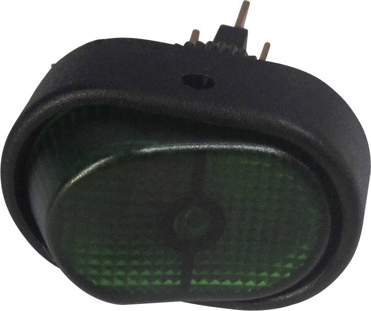 Zelený, obdélníkový výklopný spínač s černým rámečkem a kovovými kolíky pro elektrické připojení.