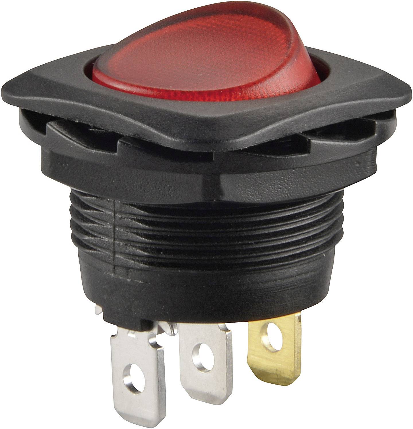 'Červený výklopný spínač s černým krytem a třemi kovovými kontakty na spodní straně, vhodný pro elektrické obvody a zařízení.'