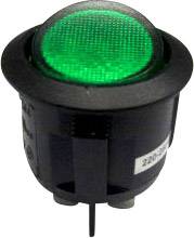 Kulatý zelený tlačítkový spínač v černém pouzdře. Typ spínače: 220V-3A.