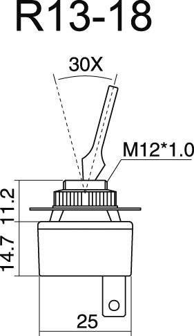 Nákres přepínače, model R13-18, s rozměry: celková výška 30 mm, závit M12x1,0 mm, průměr základny 25 mm.
