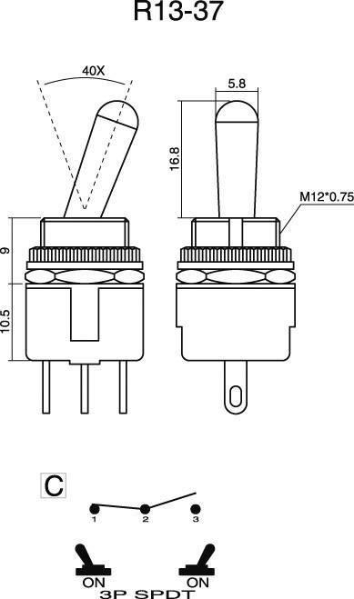 Diagram spínače R13-37 s rozměry v mm. Obsahuje schéma zapojení pro 3P SPDT.