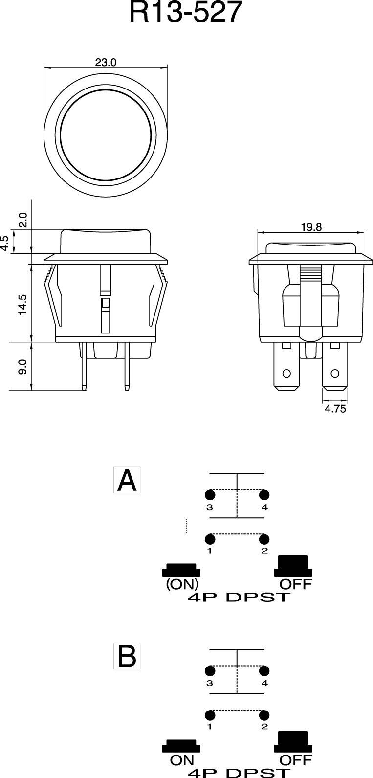 Přepínač 'R13-527', technické výkresy s rozměry 23x14,5 mm. Diagramy zobrazují elektrické schéma pro 4pólový přepínač DPST v polohách ZAP (ON) a VYP (OFF).