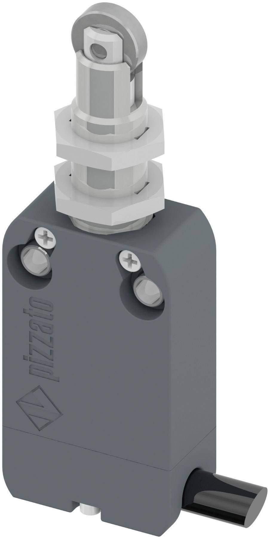 Průmyslový bezpečnostní spínač s kovovým pouzdrem a pákovým mechanismem, používaný pro monitorování a ochranu strojů.