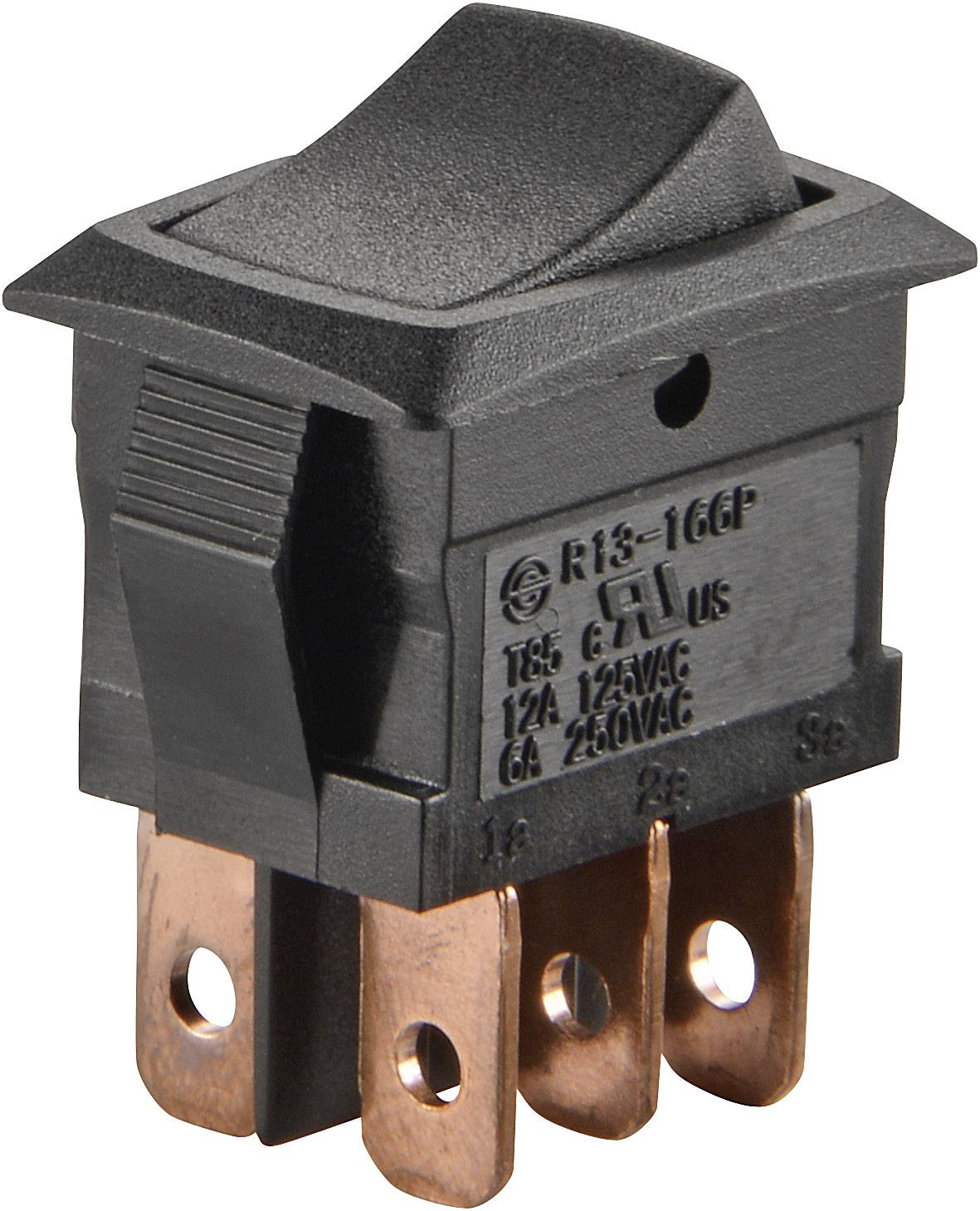 Černý přepínač s třemi měděnými svorkami, vhodný pro 125 V AC a 250 V AC.