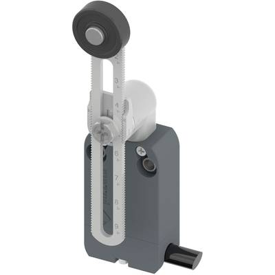 Šedočerný mechanismus s ozubenými pásy a kladkou, pravděpodobně součást průmyslového zařízení nebo stroje, umístěný ve vertikální poloze.
