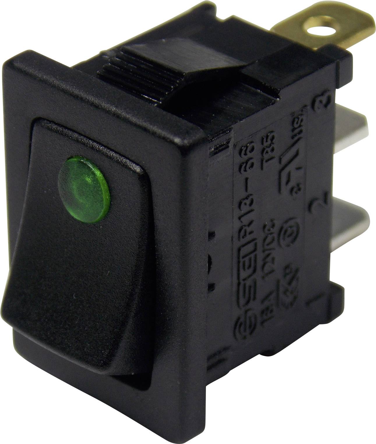 Černozelený přepínač, jednostranný se třemi kontakty, vhodný pro elektronická zařízení. Ideální pro funkce zapnutí/vypnutí.