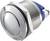 Kovový spínač se stříbrným povrchem, kulatým stiskem tlačítka a drážkovaným tělem. Vhodný pro průmyslové použití.