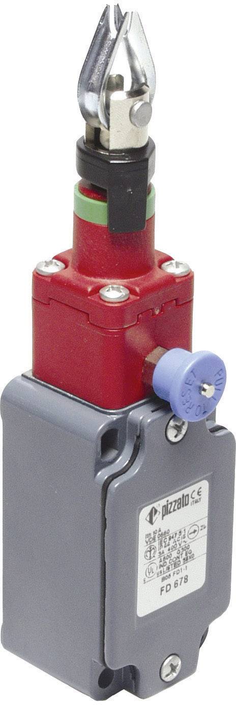 Červený a šedý bezpečnostní spínač s pákovým mechanismem nahoře. Používá se pro ovládání nebo zabezpečení elektrických zařízení.