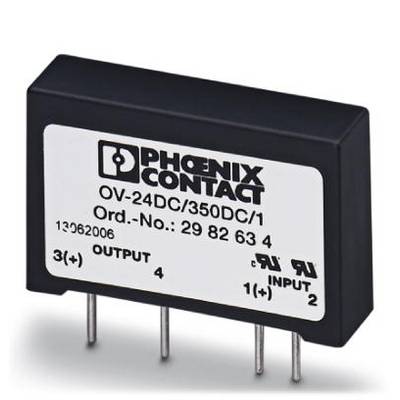 Obdélníková elektronická součástka s nápisem 'Phoenix Contact OV-24DC/350DC/1'. Čtyři kovové kolíky pro připojení.