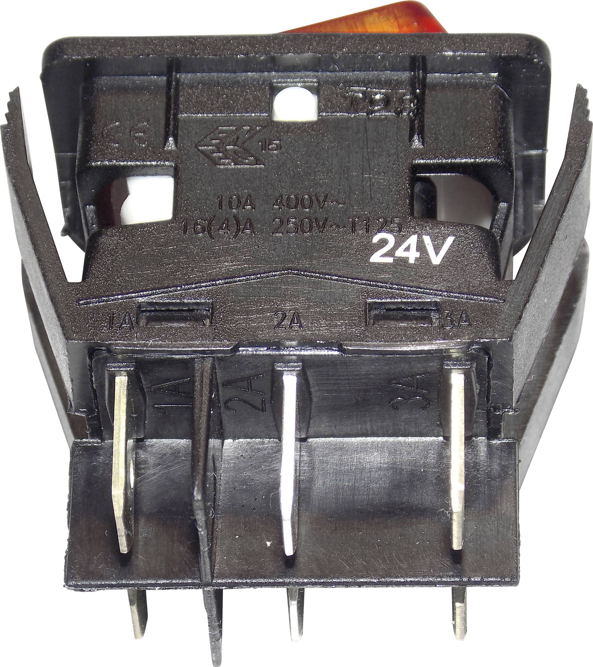 Jistič s červeným kolébkovým spínačem, označený 10A 400V~. Tři kovové svorky dole. Černý, obdélníkový kryt.