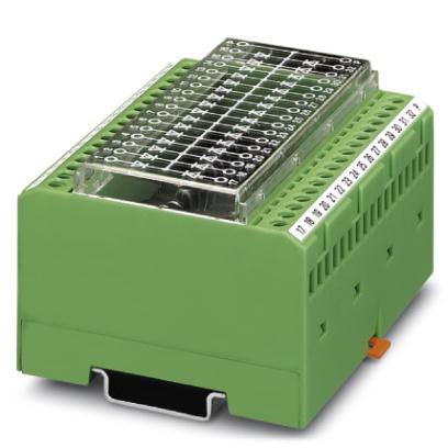 Zelený elektronický modul s číslovanými svorkami a průhledným krycím okénkem, určený pro zapojení v elektrických rozváděčích.
