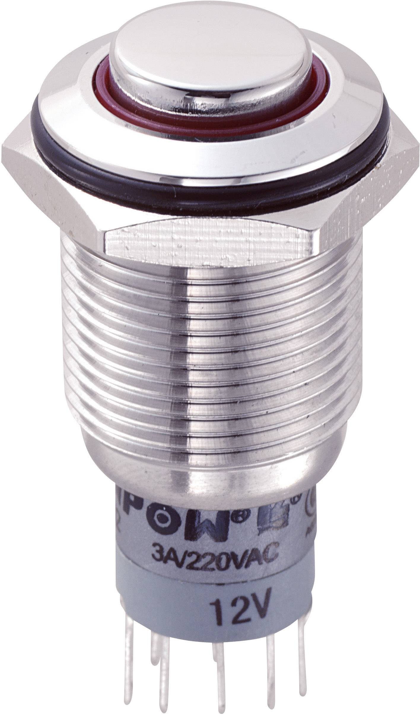 Kulatý kovový spínač s vroubkovaným povrchem, označený '12V' a '3A/220VAC', používaný pro elektrické ovládání.