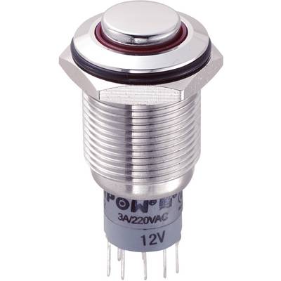Kulatý kovový spínač s vroubkovaným povrchem, označený '12V' a '3A/220VAC', používaný pro elektrické ovládání.