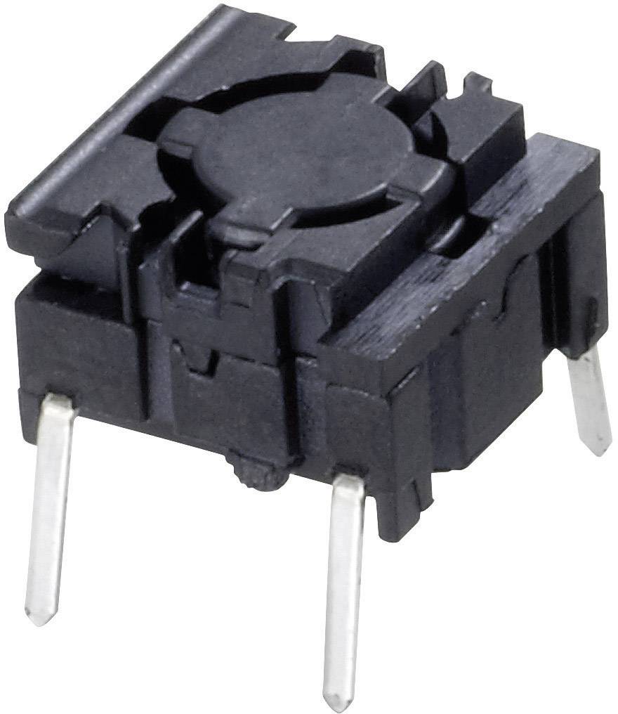 Černý elektronický spínač se čtyřmi kovovými kolíky určenými pro montáž na desku plošných spojů.
