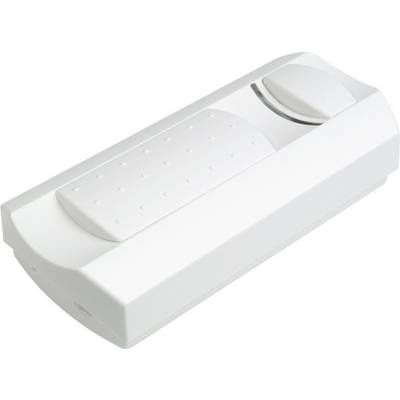 Bílý dveřní nebo okenní alarm obdélníkového tvaru s velkým tlačítkem pro aktivaci.