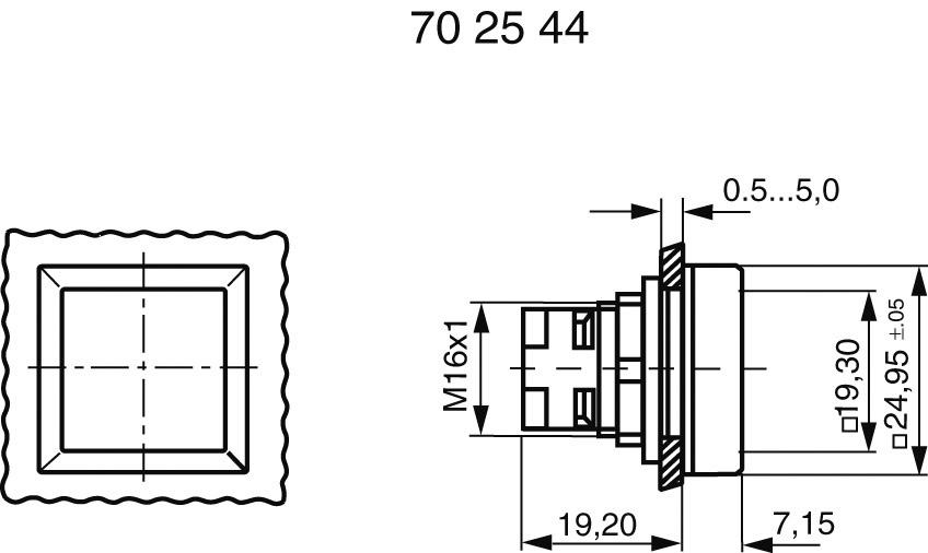 Technický výkres spínače s rozměry: Celková velikost 70x25x44, závit M16x1, délka 24,95 ±0,5 mm, šířka 19,30 mm.