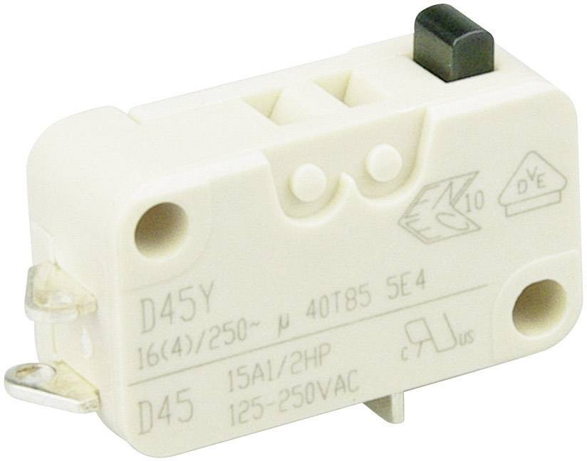 Bílý mikrospínač s potisky a připojovacími svorkami. Zobrazuje technické údaje pro elektrický proud a napětí.