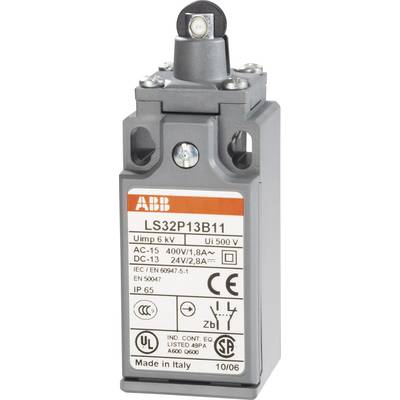 Šedý koncový spínač od ABB, model LS32P13B11, vykazuje technické specifikace včetně napětí a stupně krytí IP65.