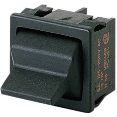 Černý výklopný spínač s popisky elektrických specifikací, vhodný pro 6A, 125-250V AC.