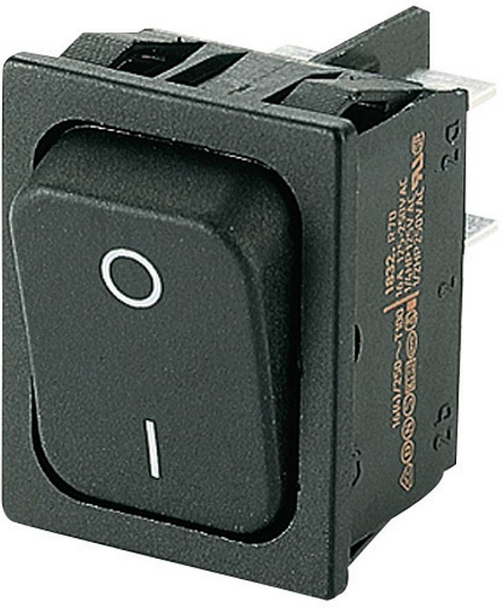 Černý přepínač, obdélníkového tvaru, s 'I' a 'O' symboly, znázorňující zapínací/vypínací funkci. Vhodný pro elektronická zařízení.