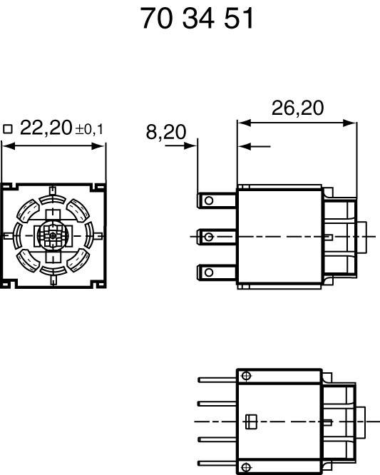 Technický výkres konektoru s rozměry: 22,20 mm široký, 8,20 mm vysoký, 26,20 mm hluboký. Zobrazuje pohledy shora a z boku.