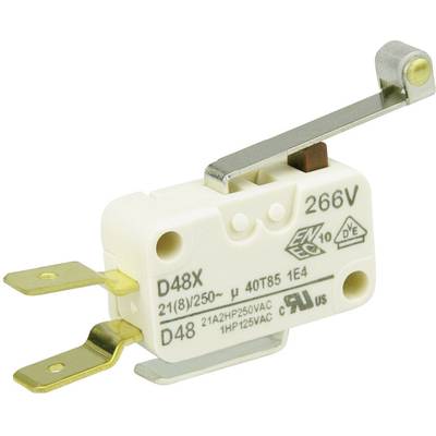 Obrázek mikrospínače s pákovým ovladačem, model 'D48X', vhodný pro napětí až 266 V a proudy až 21 A.