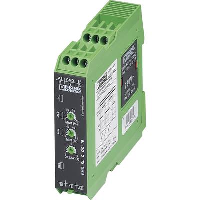 Zelené elektronické zařízení od společnosti Phoenix Contact s vypínačem a ovladači na přední straně. Štítky zobrazují elektrické specifikace.