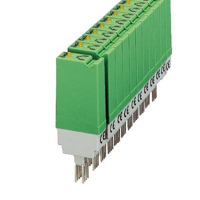 Několik zelených elektronických modulů v řadě, s připojovacími kolíky dole, často používaných v průmyslových řídicích systémech.