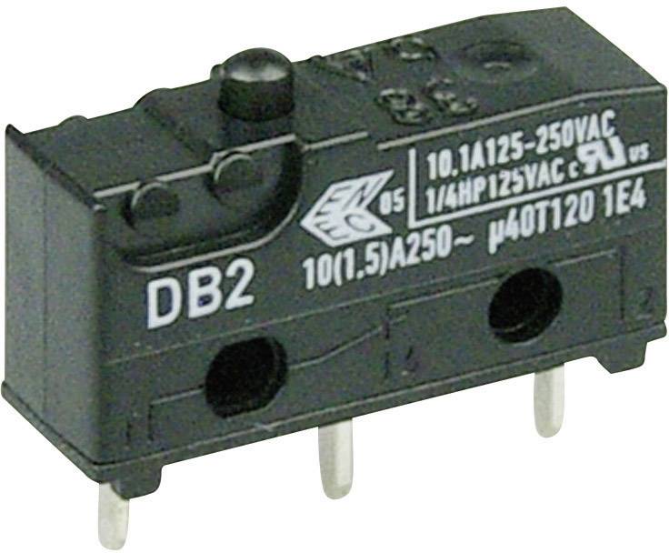 Malý černý mikrospínač se třemi kovovými kolíky dole, označený 'DB2', specifikovaný pro 10A 125-250VAC na pouzdře.