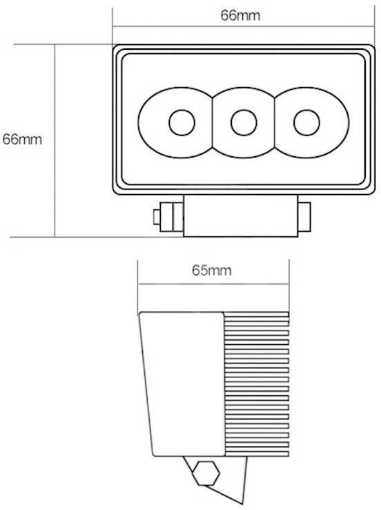 Technický výkres obdélníkové součástky o rozměrech 66 mm x 66 mm a hloubce 65 mm, zobrazující přední a boční pohled.