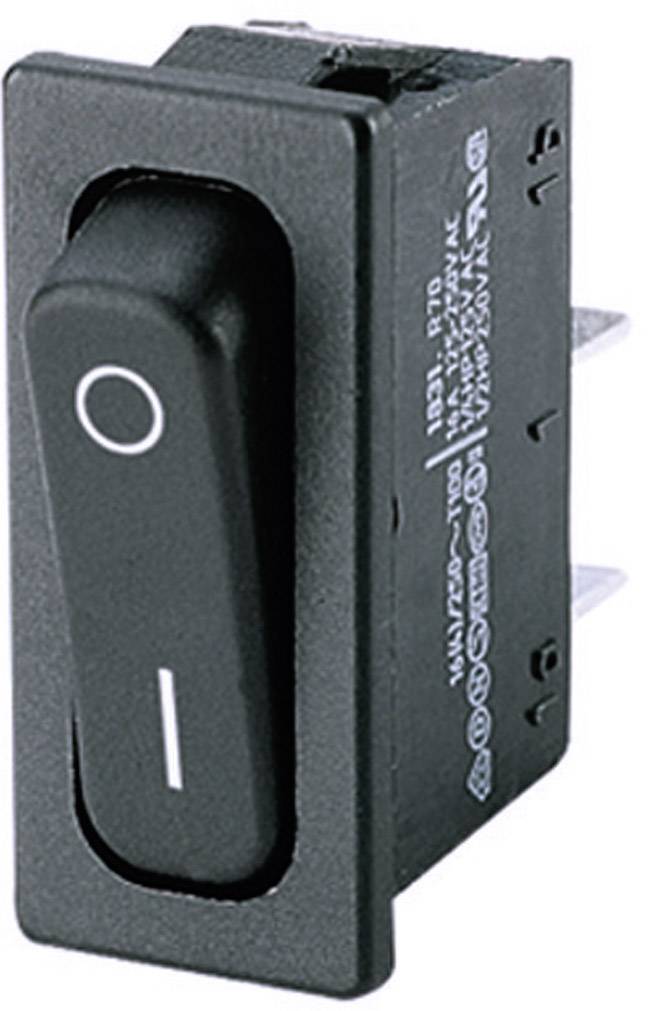 Černý výklopný spínač s bílým symbolem Zap/Vyp, obdélníkového tvaru, vhodný pro elektronická zařízení.