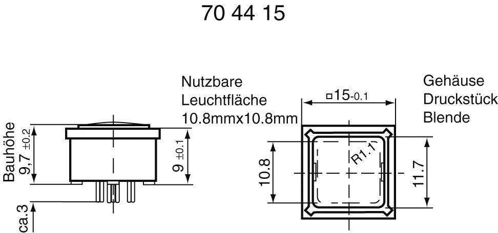 Spínací komponenta s rozměry pouzdra: šířka 11,7 mm, výška 9,3 mm, využitelná svítící plocha 10,8 mm x 10,8 mm, připojovací piny dole.