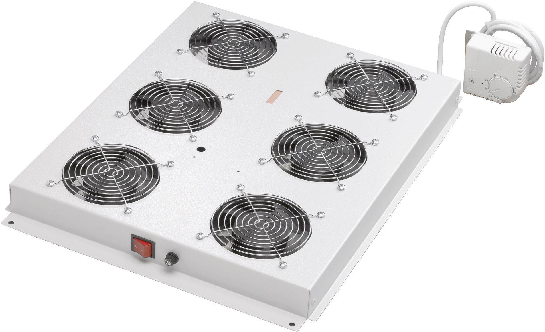 Obdélníkový chladicí systém se šesti kulatými ventilátory, termostatem a červeným vypínačem pro regulaci teploty.