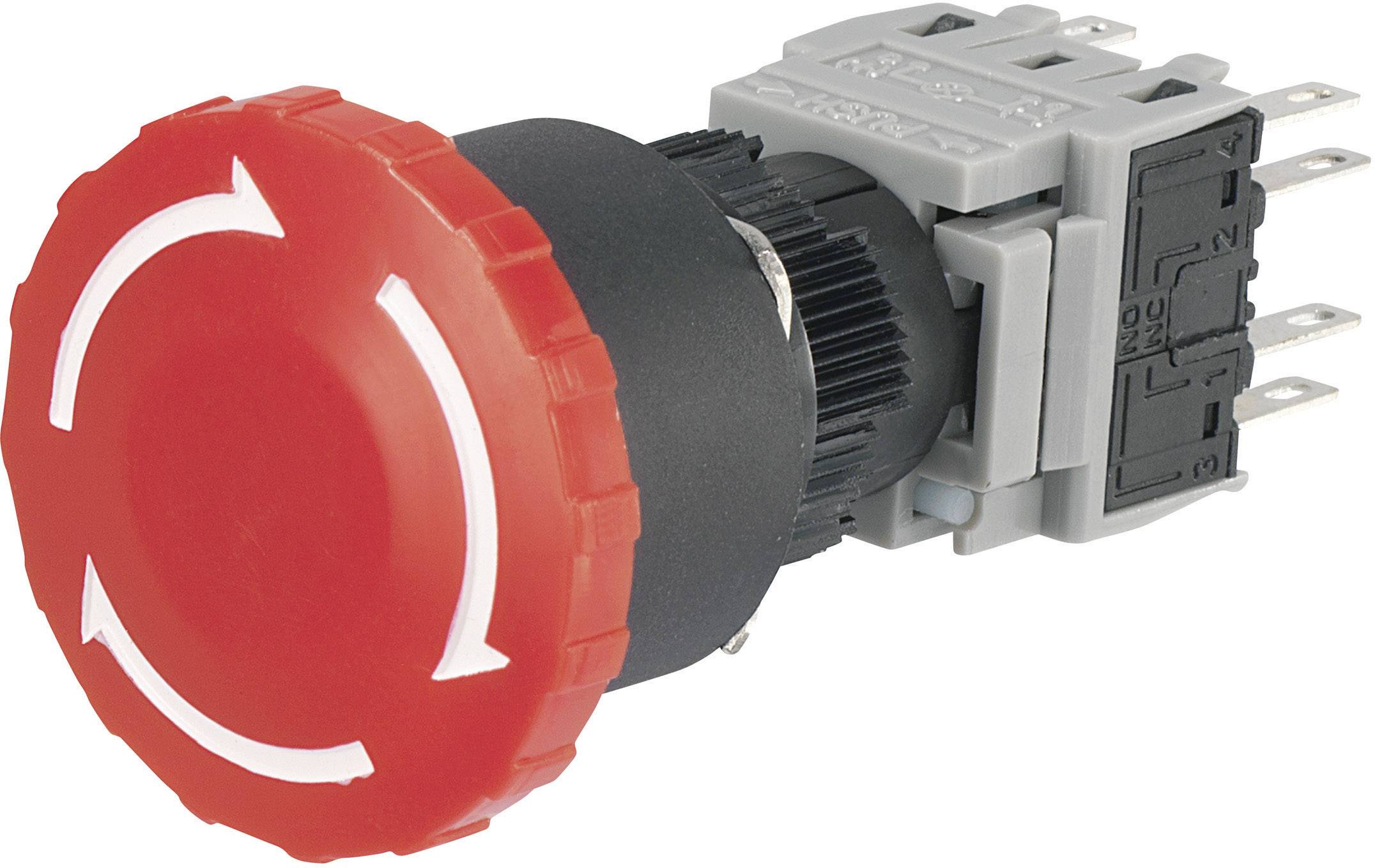 Červený nouzový vypínač se šipkami pro nouzové zastavení na šedém pozadí, obdélníková základna s elektrickými kontakty.