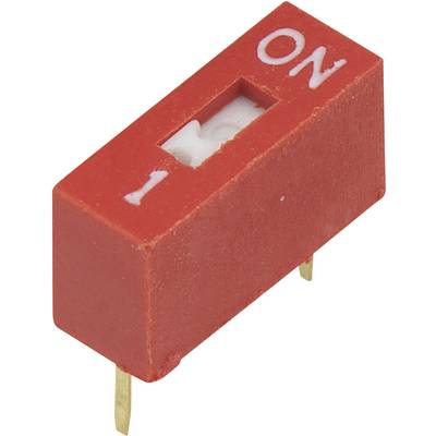 Červený DIP přepínač se dvěma polohami, označený štítky 'ON' a '1', určený pro elektrické přepínání na desce plošných spojů.