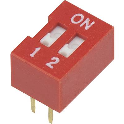 Červený DIP přepínač se dvěma polohami, označený '1' a '2'. Přepínač je nastaven do polohy 'ZAP' (ON).
