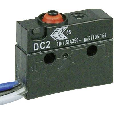 Černý mikrospínač s červeným tlačítkem, označený "DC2".